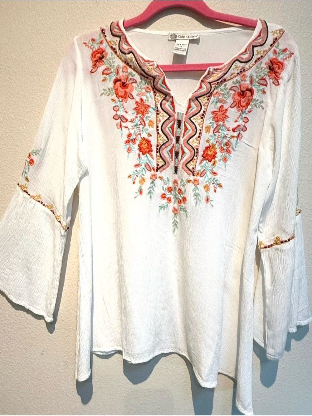 White Tunic Sz S Blouse Top Orange Floral Embroidery Hippie Fairy Peasant Y2K